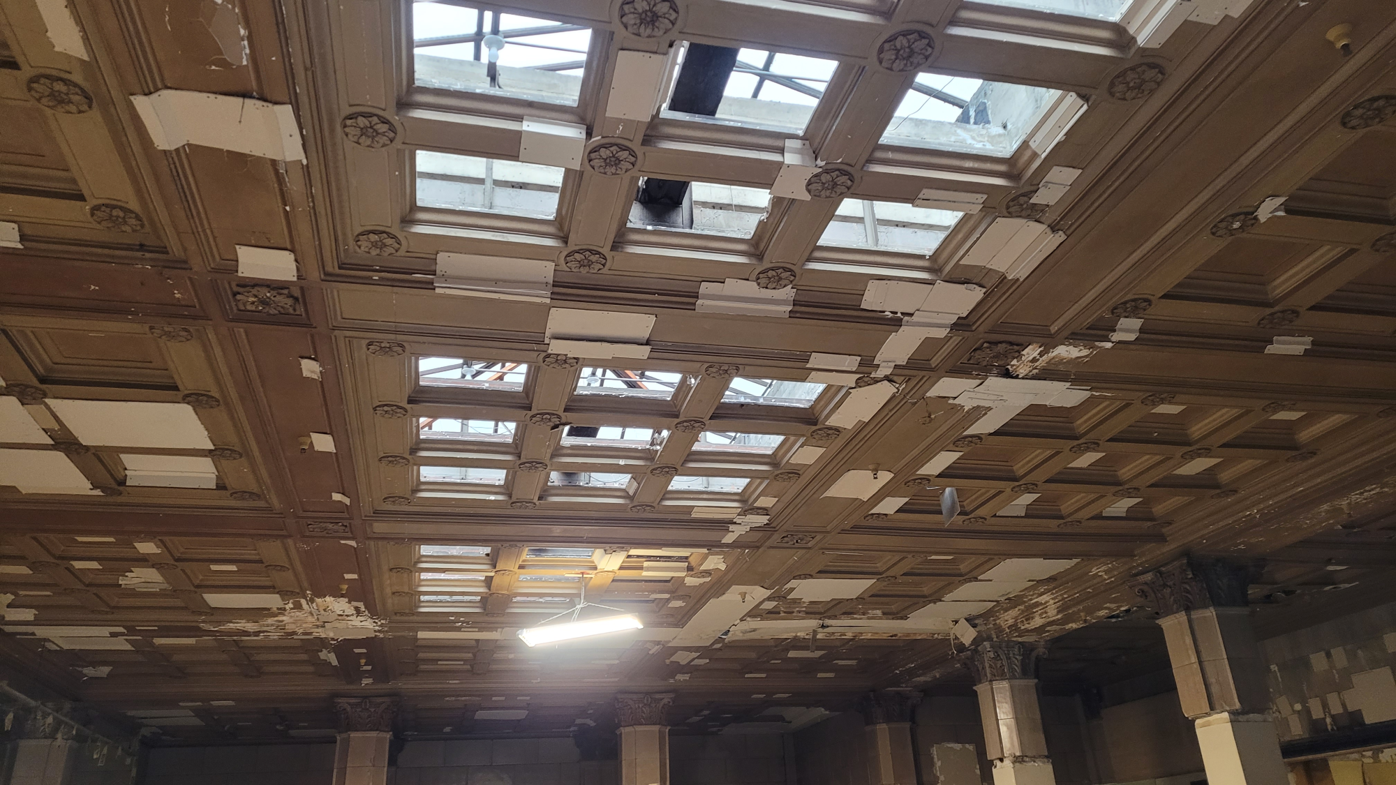 Collapsed plaster sections with temporary covering